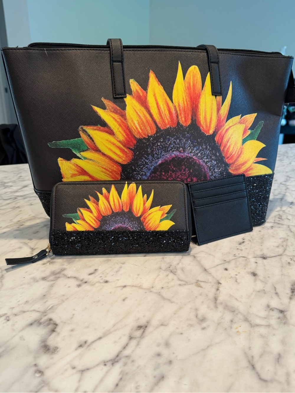 Black Sunflower Tote Bag, Wallet, Card Holder